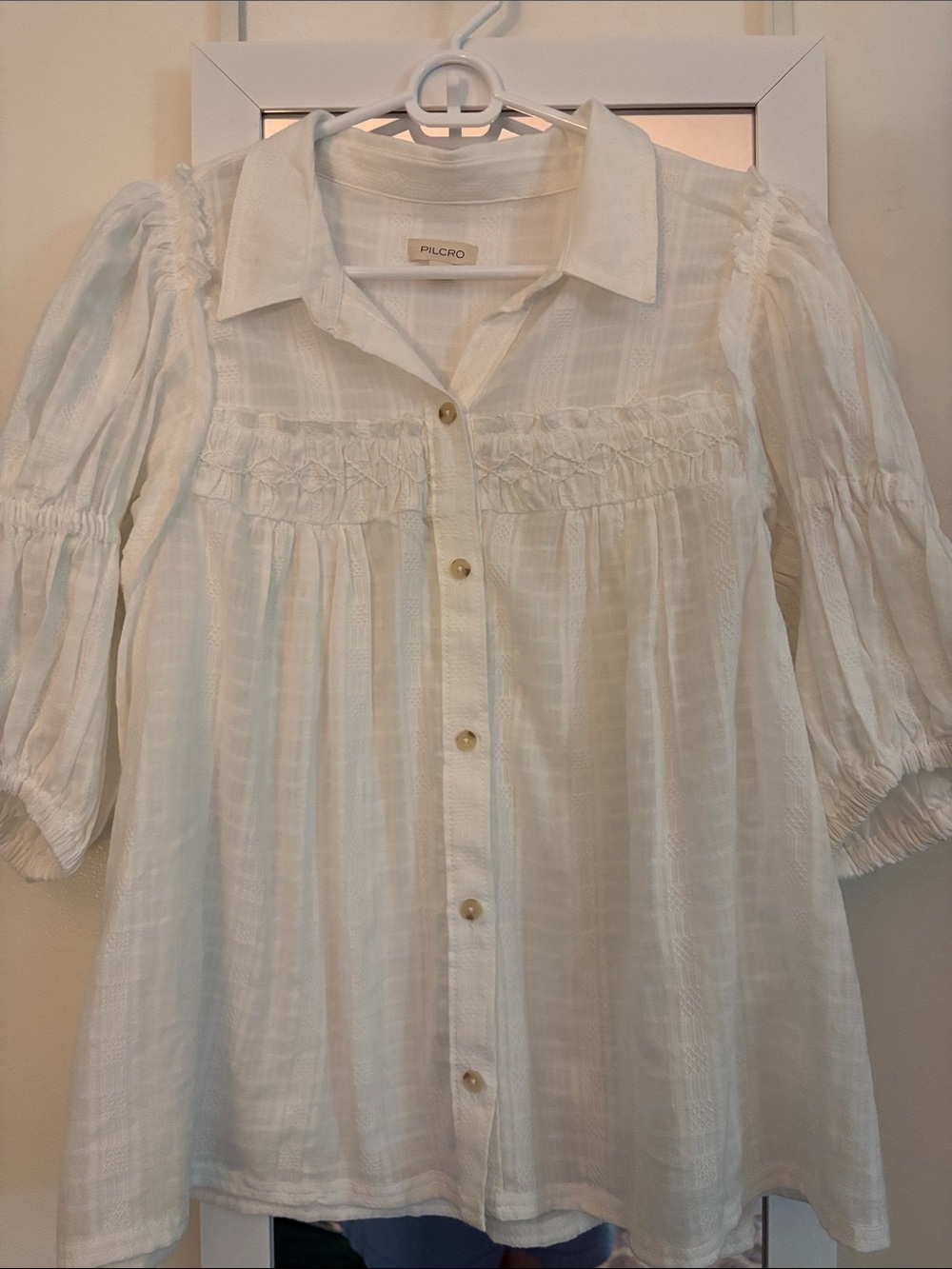 Anthropologie Cream Smocked Button-Down Blouse